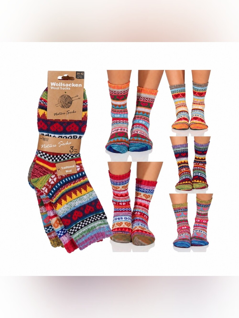 3 Pairs Womens Wollsocken Wool Socks Winter Warm Thermal Good Vibes Size 9-11